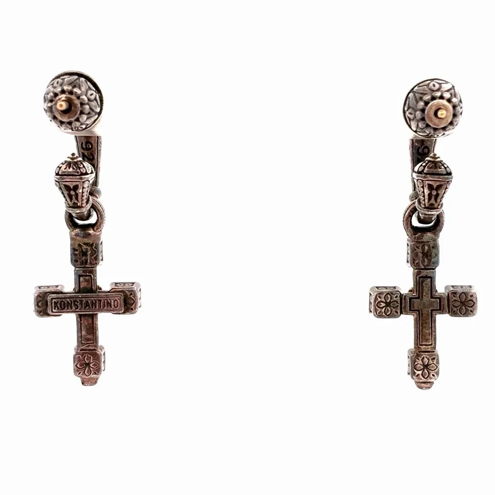 Retired Konstantino 925 Sterling Silver Two Tone Garnet Cross Dangle Earrings